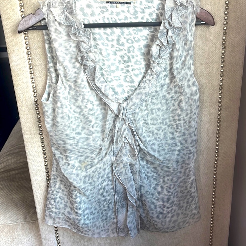 Elie Tahari 100% Silk Sleeveless Ruffled Animal Print Top